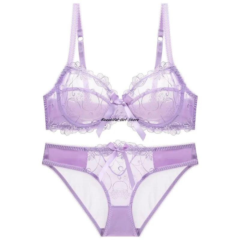Lace Push Up Bra Set Breathable PantiesThin Mesh Cup Transparent Behalf Lingerie Bow Embroidery Flora Soutien Gorge