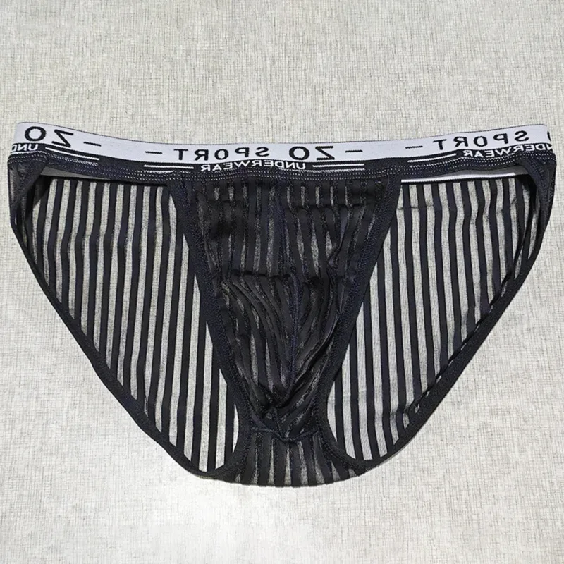 Striped Men's High Slit Sexy Pouch Underwear Ice Silk See Through Comfortable Male Triangle Briefs Man Underclothes — image 4