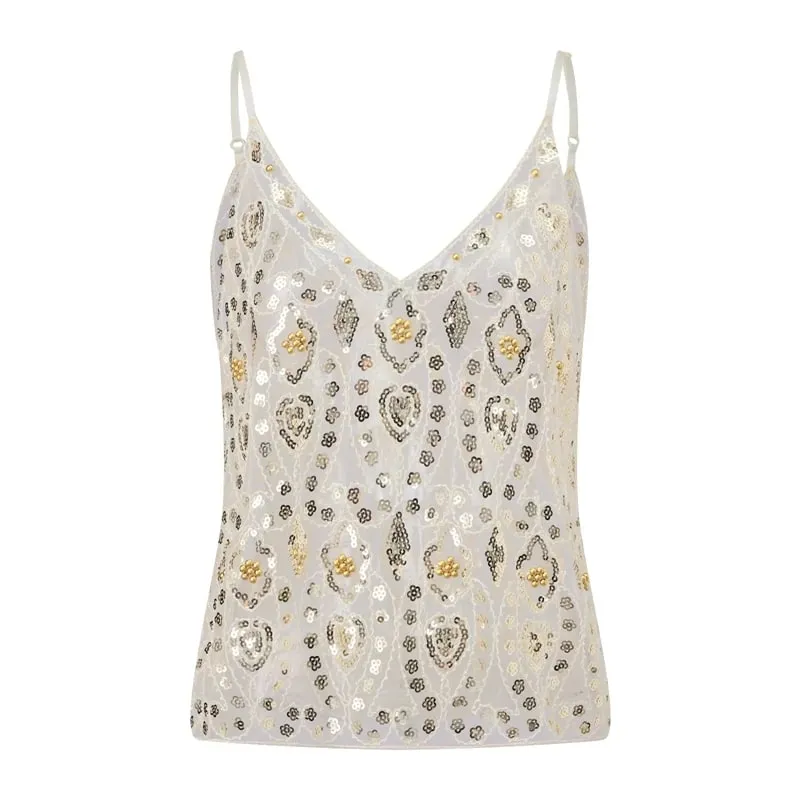 Floral Geometric Sparkly Tank Tops Women Sheer Mesh Sequin Camis V Neck Spaghetti Strap Y2K Club Night Out Festival Party Vest