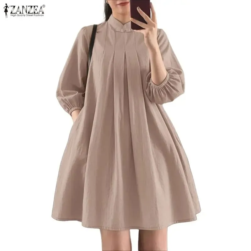 Letnie damskie eleganckie plisowane sukienki ze stójką 3/4 bufiaste rękawy marszczona linia sukienka do kolan swobodne szaty Femme