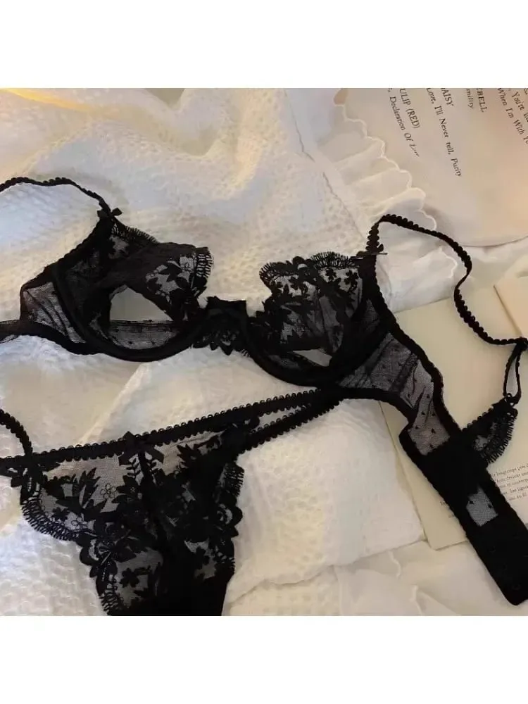 Riviera Sheer Bralette - Breathable Half Cup Underwire Bra Summer-Ready Lace Lingerie Set No Sponge Heatwave-Friendly