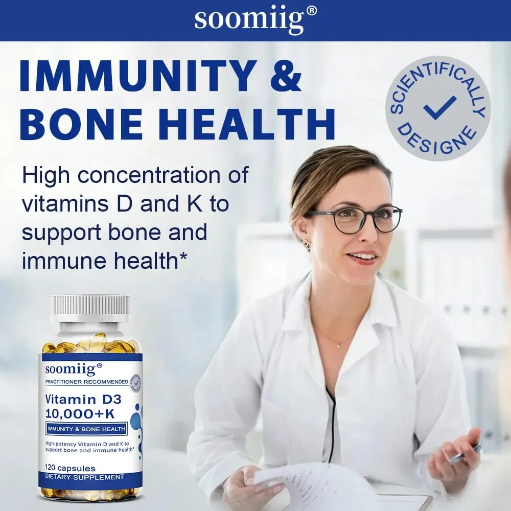 Vitamin D3 10000 IU + K2 Mk7 Capsules 120pcs for Bone Heart Health & Immune Support Non-GMO Vegan Enhanced Absorption