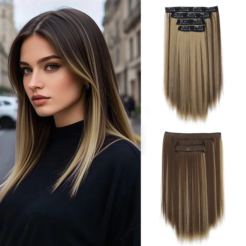 14Inch Synthetic Long Straight Hair Extension 4pcs/set Black Brown Blonde Adds Volume Hairpiece for Women — image 11