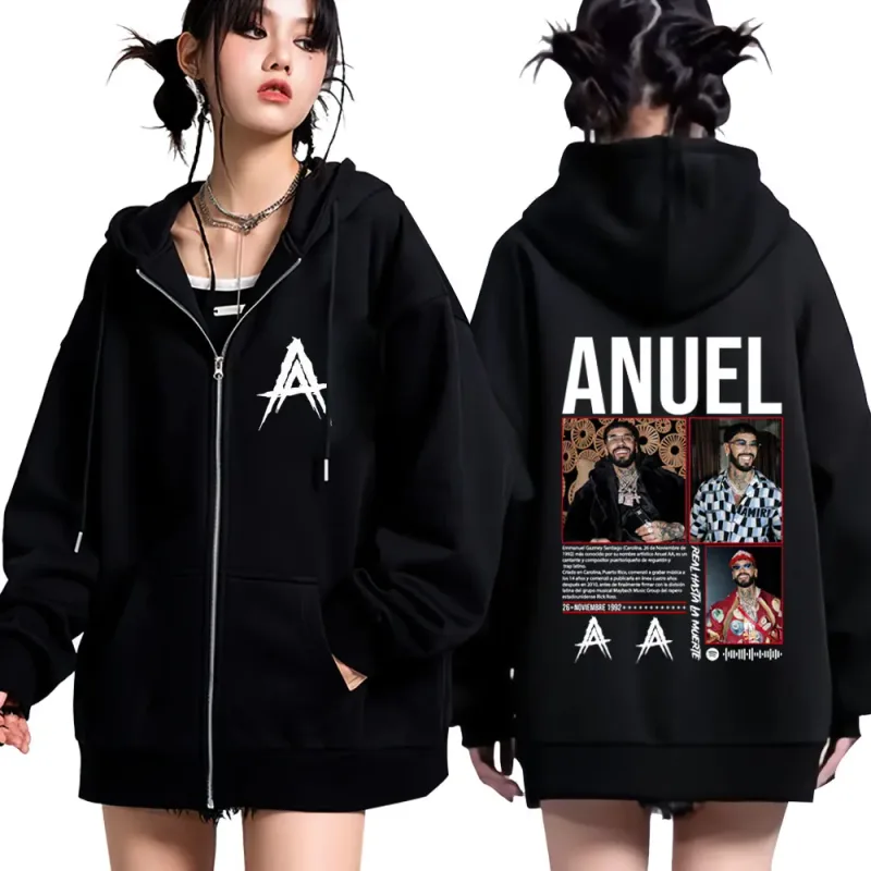 Rapper Anuel AA Album Tour 2025 Vintage Graphic Zipper Hoodie Men Women Fashion Long-sleeved Casual Hip-hop Zip Up Sweatshirts — image 1