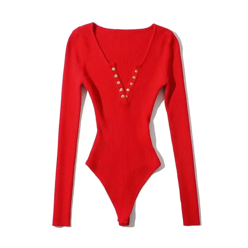 Long Sleeve Gold Button Detail Slim Fit V-Neck Bodysuit Sexy Elegant Wear Spring Autumn Women's Trendy Ribbed Knit Bodysui — image 12