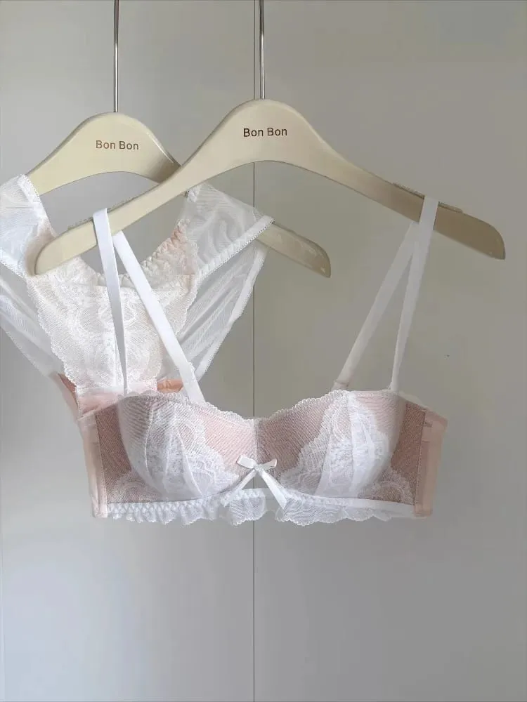 French Lace Half Cup Bra Set Wireless Push Up Small Breast Enhance Lift Anti Sagging Comfort Sexy Lingerie Set for Women