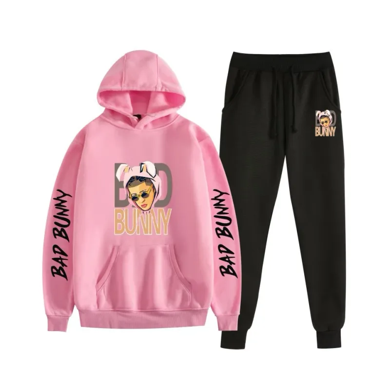 Harajuku Comfortable bad bunny Print Sweatshirt Sweatpants Suit Women's Hoodies+ Trousers Suit Boys/Girls 2 Piece Set Clothes — image 30