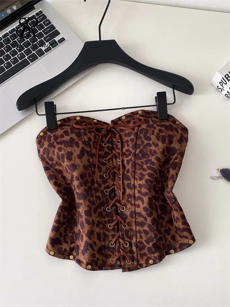 Sexy Leopard Paisley Print Top Spicy Girl Lace Up Stretch Bodycon Strapless Tank Top Ladies Hotsweet Clubwear Camisole