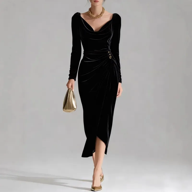 2025 Women's European & American Fashion Leisure Velvet Sexy New Long-sleeved Slimming Pleated Long A-line Split Bodycon Dress — image 7