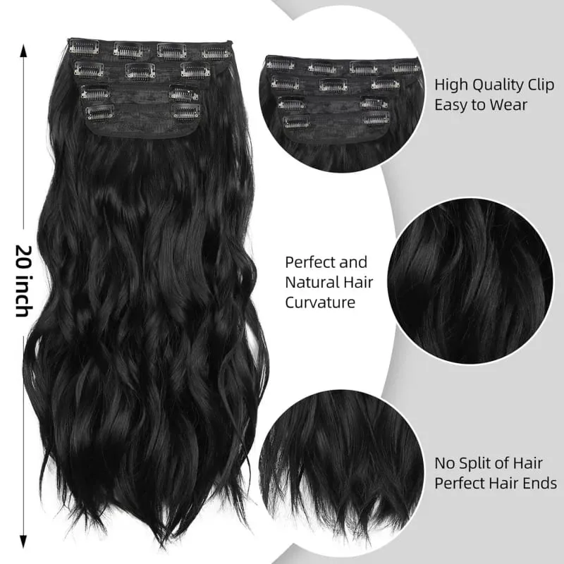 Black 20 Inch 4pcs Thick Hairpieces Long Wavy Natural Synthetic Clip in Hair Extensions for Women