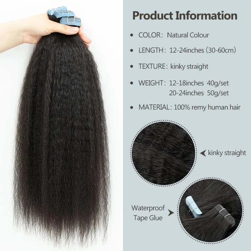 Human Hair Kinky Straight Tape in Extensions Remy Cuticle Yaki Tape in Hair Extensions 12-26 inch 20pcs Pack — image 3