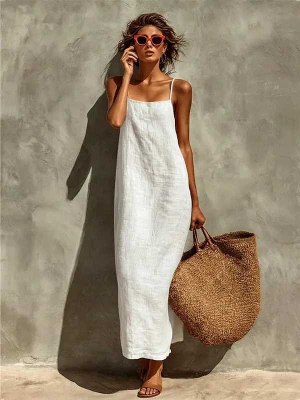2026 Summer Women Cotton Linen Spaghetti Strap Maxi Dress Solid Color Loose Sleeveless Slip Long Dress Bohemian Beach Vacation S — image 5
