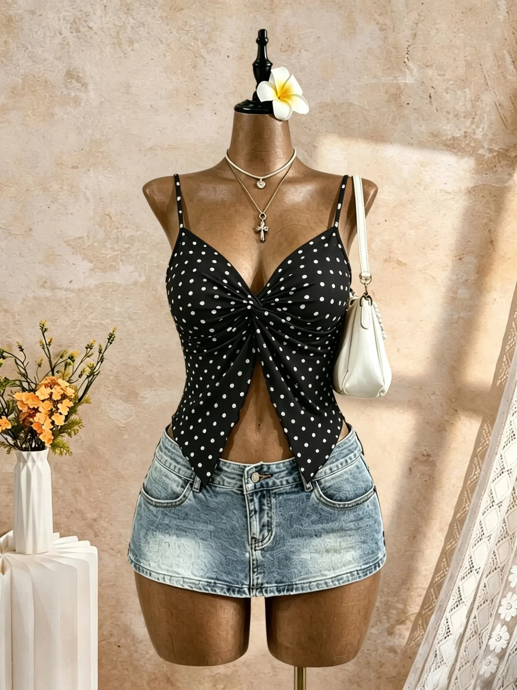 Women Spaghetti Strap V Neck Twist Front Cut Out Ruffle Irregular Hem Slim Fit Crop Cami Top 2026 Summer Y2K Solid White Sleevel — image 7