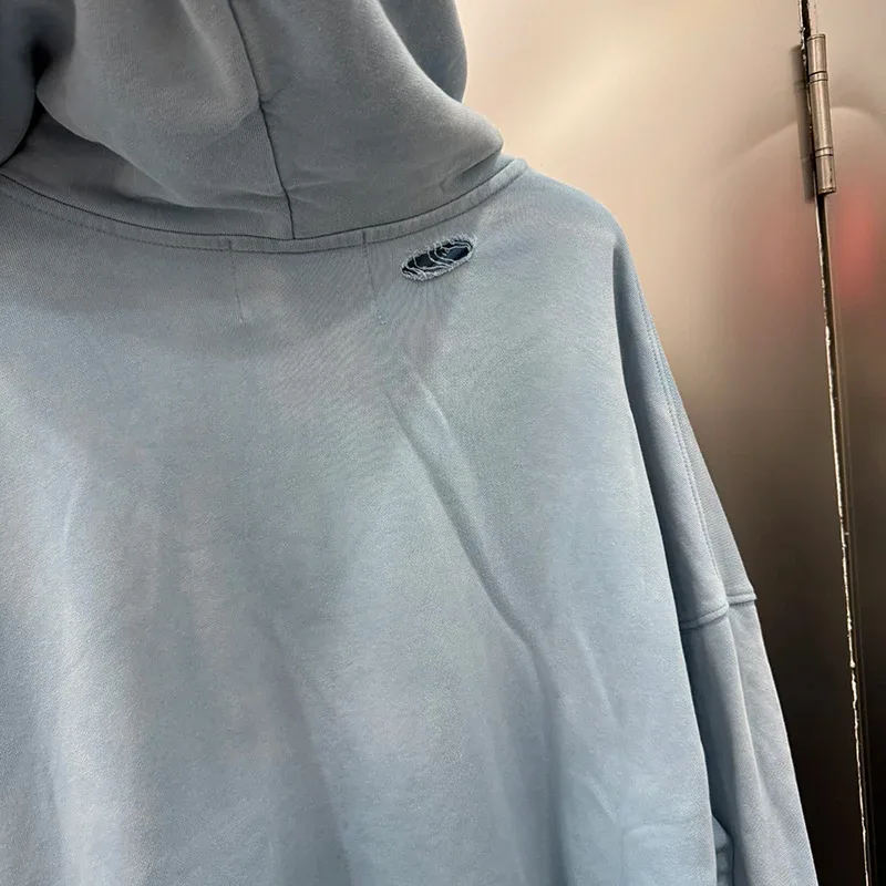 Light Blue PALY Letter Crystal Hoodie Ripped Washed Fashion Patch High Street Casual Men Women 1:1 Zipper Sweatshirts — image 14