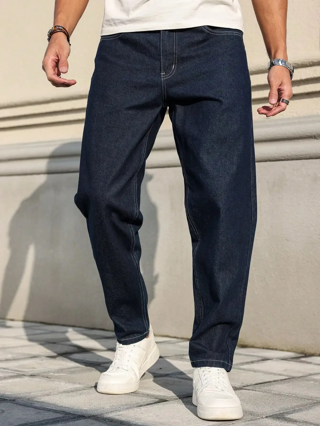 Men Raw Dark Blue Denim Jeans Contrast Stitching Loose Tapered Pants Vintage Non‑wash Straight Taper Trousers Streetwear — image 6