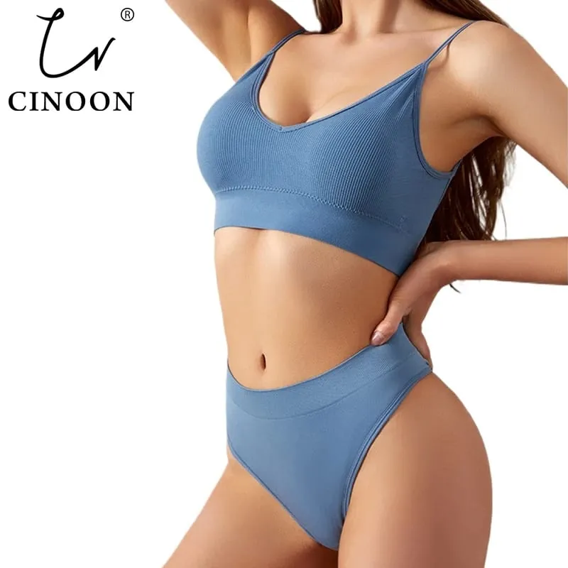 Women Seamless Ribbed Bra Set Wireless Deep V Bralette Top Panties Two Piece Lingerie Set Sport Fitness Underwear — image 3