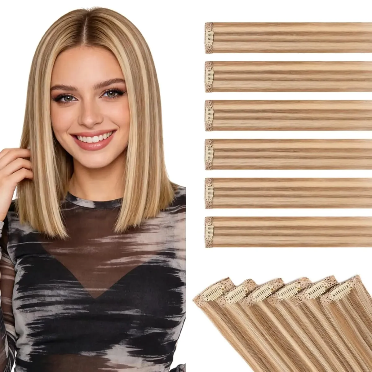6PCS 6 Clips In Synthetic Hair Extensions Black Color Dark Blonde Short Straight Highlights Hairpin Hairpiece For Women — image 7