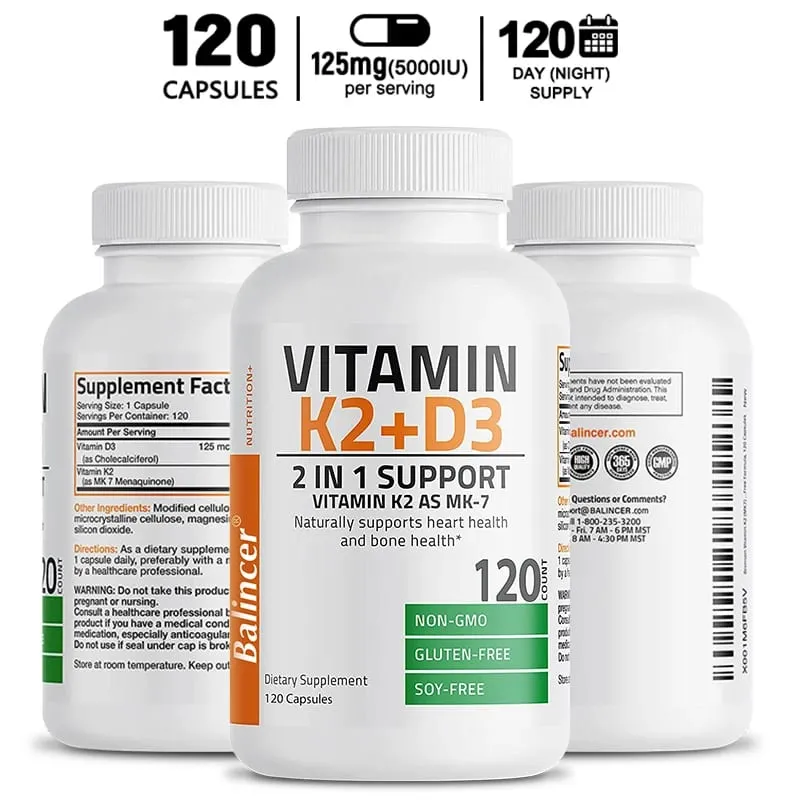 D3+K2 Vitamin D3 5000IU and 90 Mcg Vitamin K2 (MK-7) Vegan Capsules for Bone Density teeth skin heart Health and Immunity