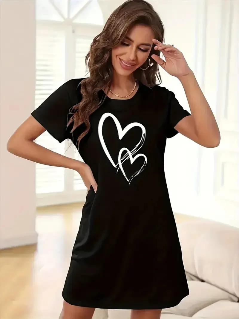 Women's Fashionable Love-Print Short-Sleeved Round-Neck Elegant Dress — image 3