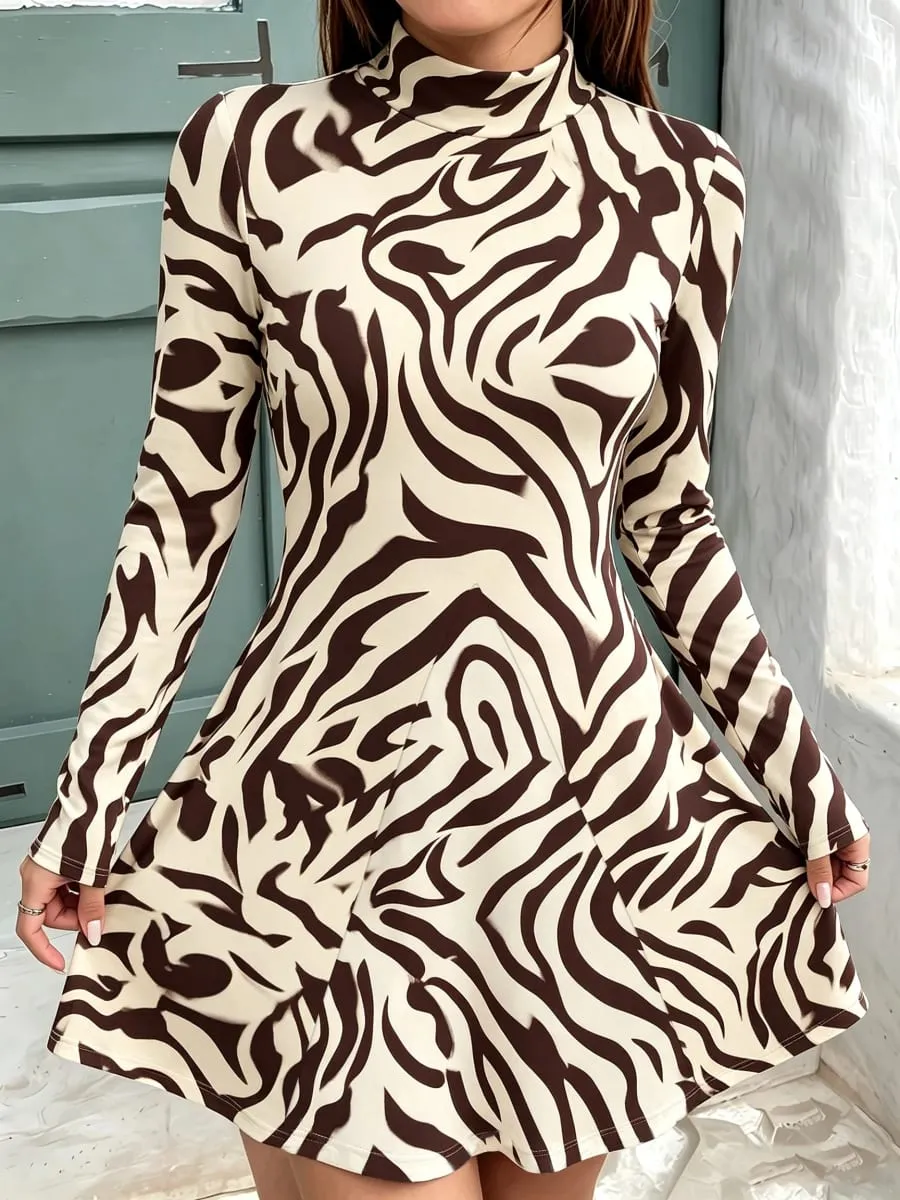 Women's Autumn Casual High Neck Mini Dress Solid Color Geometric Pattern Long Sleeved Waist Cinched A-Line Skirt — image 3