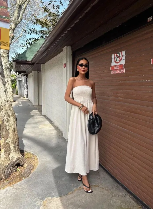 2026 New Summer Fashion Solid Color Off-Shoulder Strapless Waist-Cinching Long Dress for Women — image 4