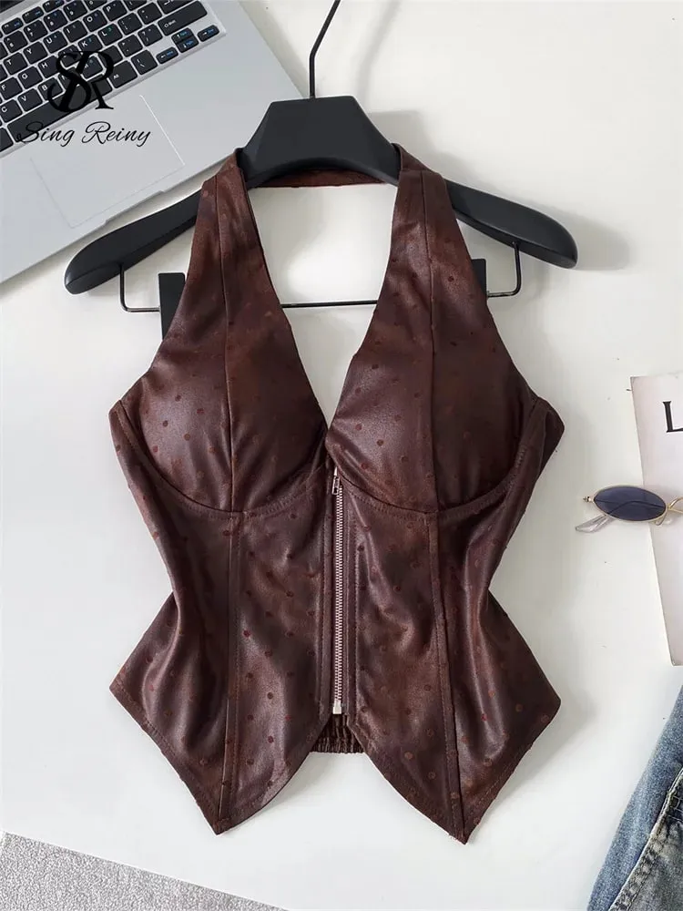 Polka Dot PU Leather Sexy Top Slim Backless Shirred Zipper Sensual Tank Top 2026 Women Trendy Halter Hotsweet Camisole