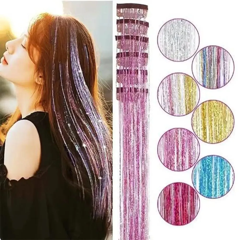 12Pcs Hair Tinsel Clip Glitter Tinsel Hair Extensions Synthetic Clip In Sparkle Music Girl Women Festival Party Hair Accessories