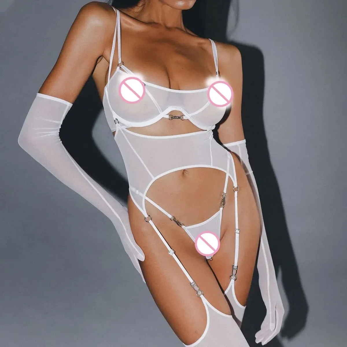 2025 Cross border Mesh Comfortable Breathable Belt with Stocking Body Shaping Ultra Thin Sexy Split Five Piece Set — image 2