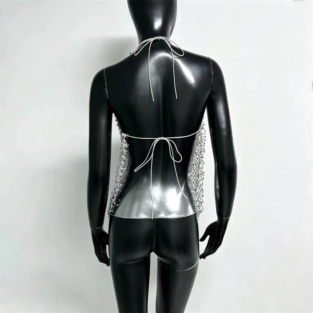 Débardeur ajouré à paillettes acryliques brillantes pour femmes, Sexy, décolleté en V profond, dos nu, col licou, transparent, Camisole, hauts de fête de plage — image 7
