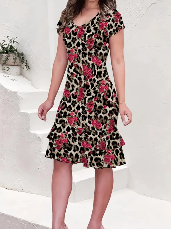 Women's Summer Short-Sleeved V Neck Dress Leopard Rose Print Mid-Length Casual Vacation Dress