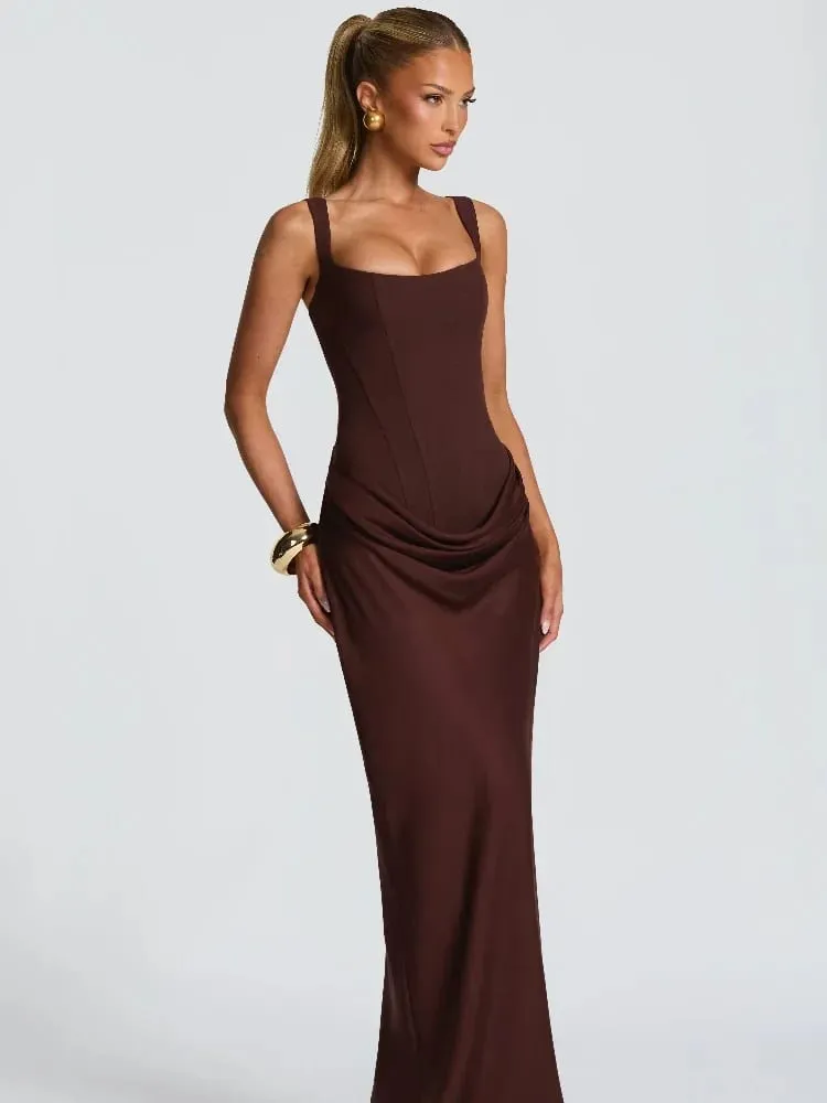 Elegant Solid Corset Sling Pleated Dress Women Brown Sexy Sleeveless Off Shoulder High Waist Maxi Dresses 2025 Lady Party Gown