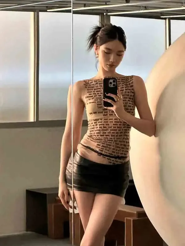 Fashion Trendy Round Collar Sleeveless Tank Mesh Sexy Article Print Slim Casual Top Women Hipster Wear — image 6