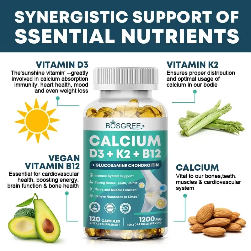 Calcium D3+K2+B12 Capsules-Immune and Muscle Health Support-Promote Bone and Tooth Health Replenish Joints-D3 K2 Supplements — image 4