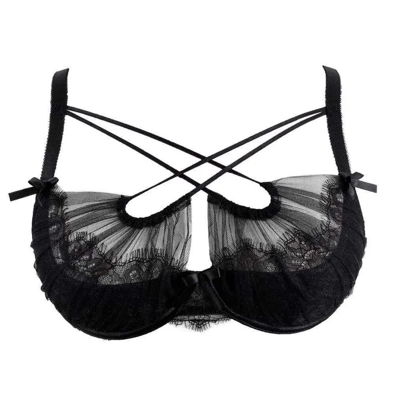 French Lace Embroidery Cross Strap Lingerie Set Mesh Push Up Bra Panty Hollow Sexy Women Intimate Underwear Suit S-XL Party Wear — image 6