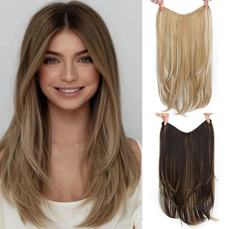 Synthetic Long Straight 22Inch Layered Clip-in Hair Extension V-shaped Black Blonde Invisible Hairpiece for Women Party Girl