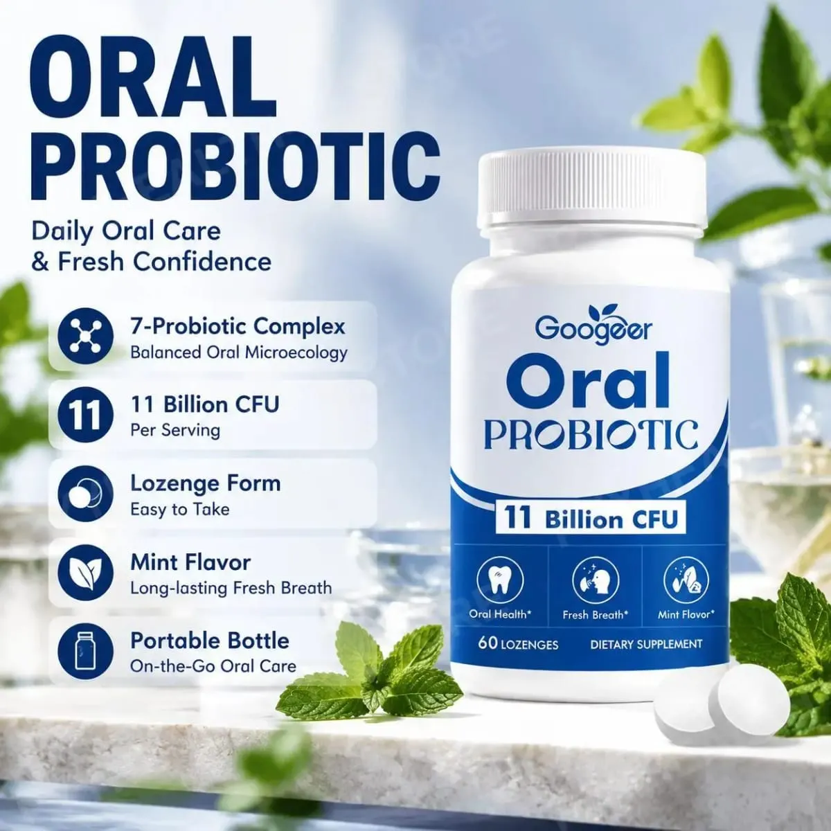 Googeer Oral Probiotic Lozenges 11 Billion CFU Mint Flavor Supports Oral Gum Throat Health and Fresh Morning Breath 60 Lozenges — image 1