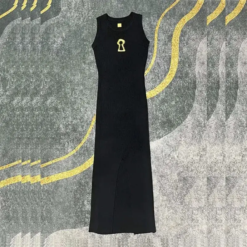 Sexy Hollow Out Vest Dress Women Summer Fashion Metal Button Knit Dresses Spicy Girl Sleeveless Slim Elastic Slit Long Vestidos