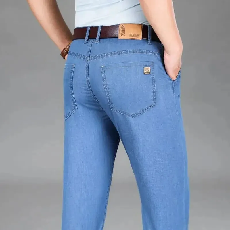 2026 New Seasons Lightweight Fit Straight Men's Jeans Classic Business Clothes Thin Cotton Elastic High Waist Casual