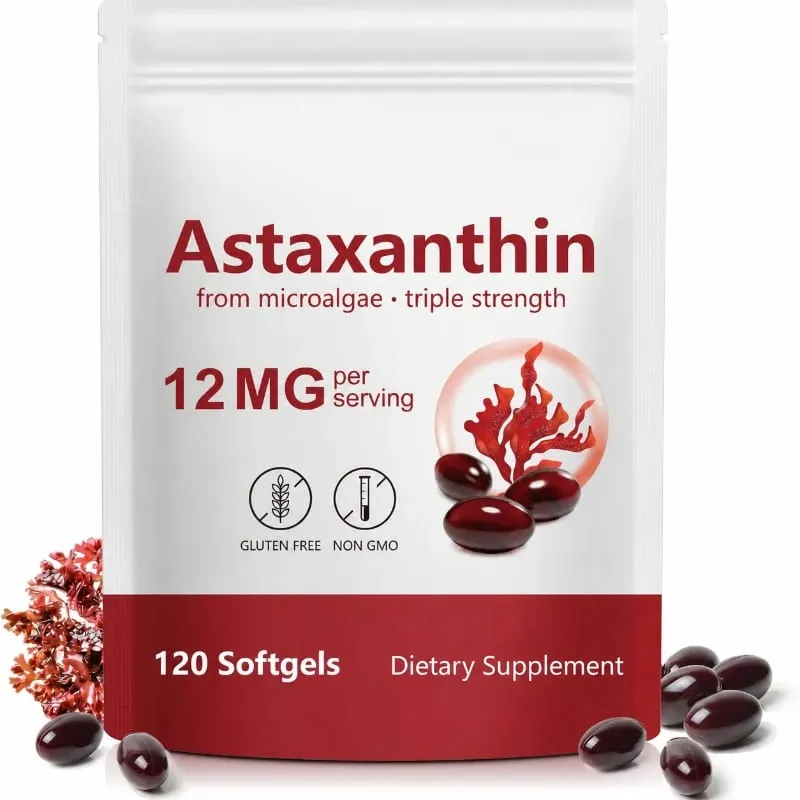 Astaxanthin softgels fra mikroalger fremmer kollagenproduktion Sojafri glutenfri ikke GMO Triple Strength 120 softgels