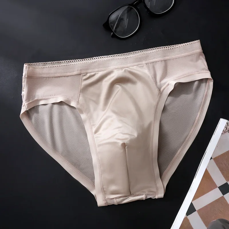 Male Glossy Silk Satin Briefs High Rise Lace Trim Ice Silk Underwear Soft Breathable U Pouch Men Panties — image 19