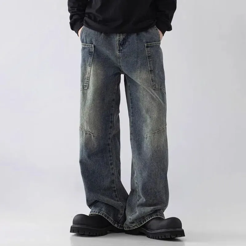 Korean Style Large Pocket Workwear Jeans Retro Blue Men'S Baggy Jeans Straight Leg Pants Casual Wide Leg Pants Casual Pants — image 4