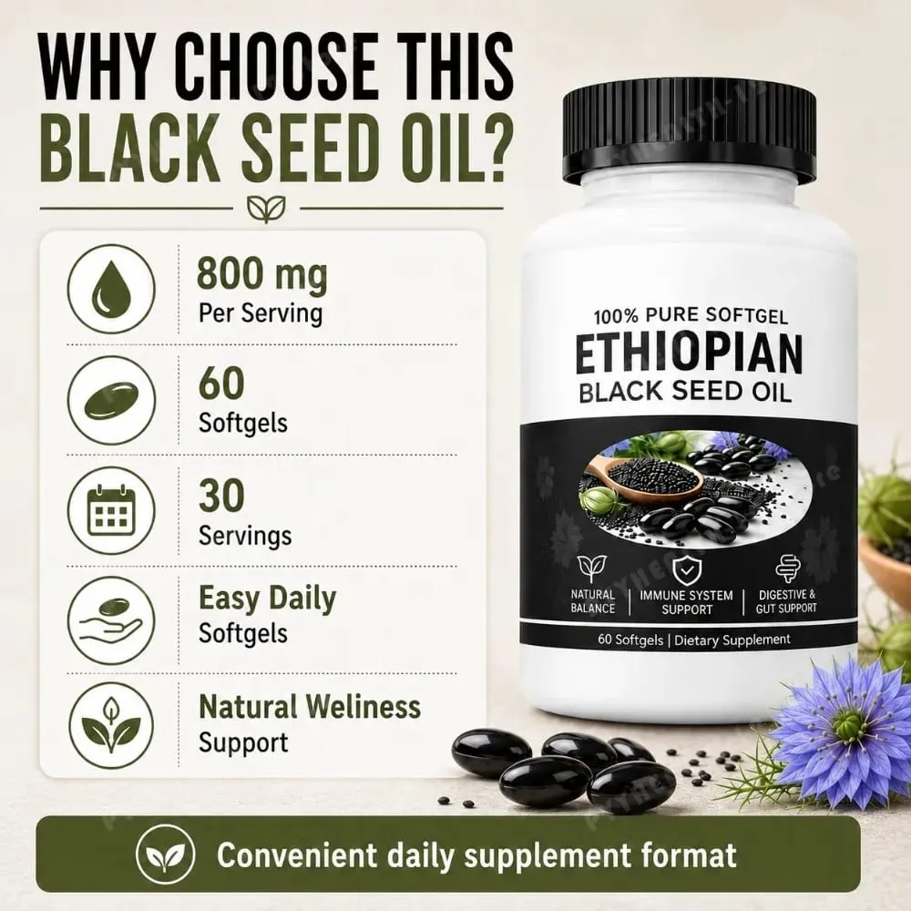 Ethiopian Black Seed Oil Softgels 800mg Cold Pressed Nigella Sativa Immune Digestive Gut Support Supplement 60 Count Non-GMO — image 6
