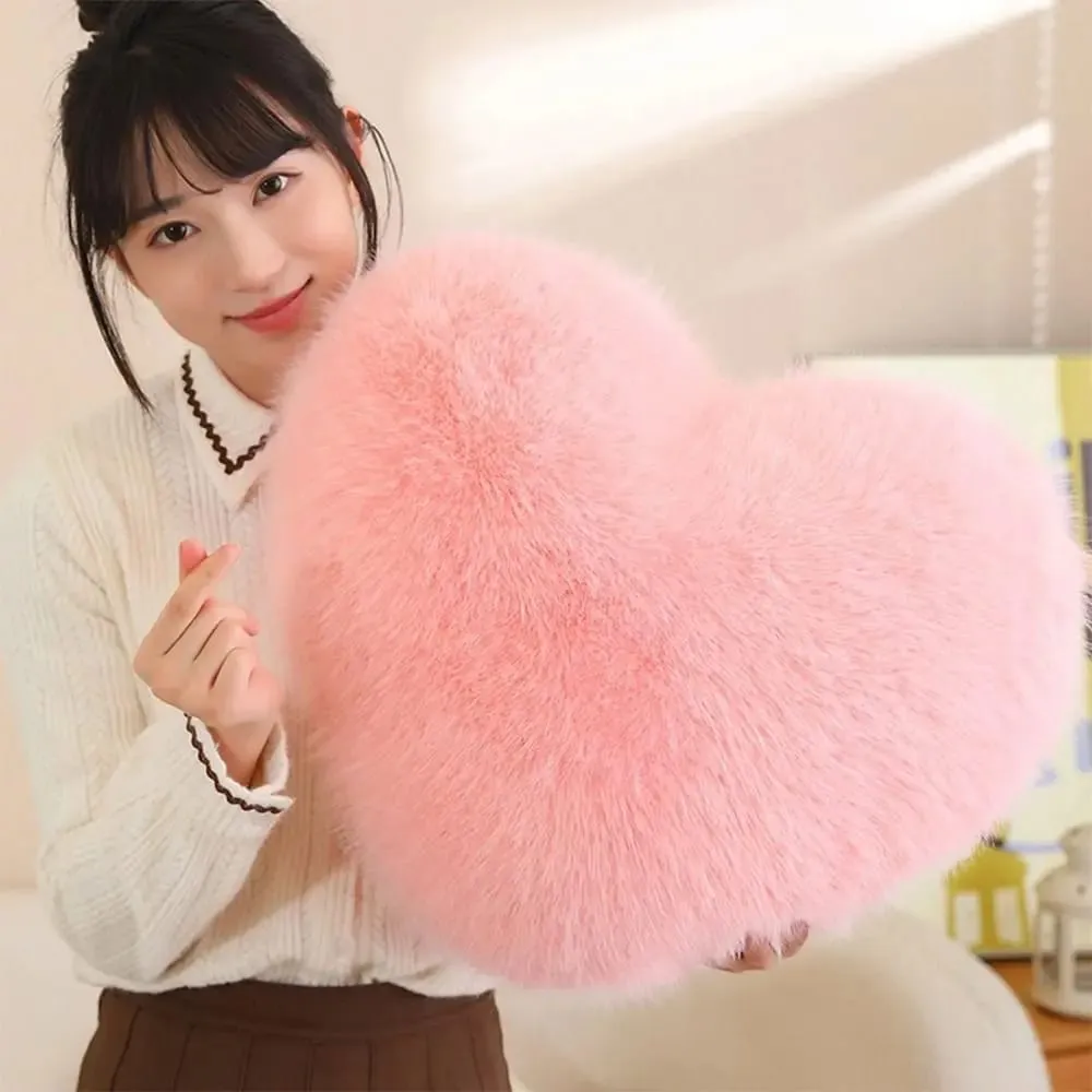 New Fur Heart Pillow Pink Color PP Cotton Heart Plush Pillow Fluffy Love Heart Shaped Stuffed Pillow for Birthday — image 4