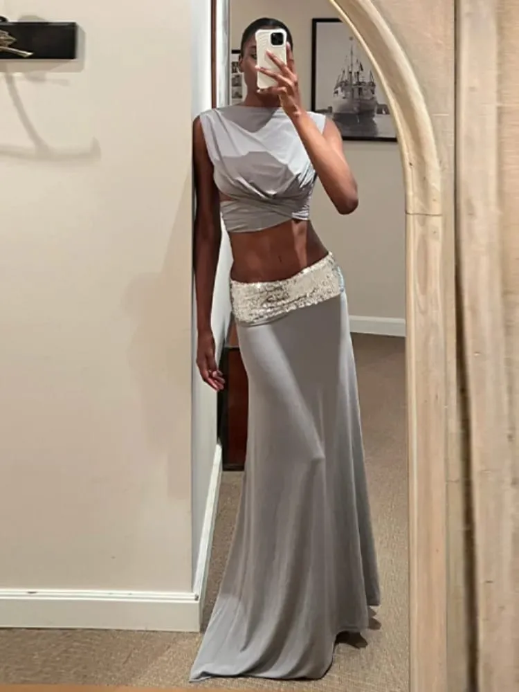 Fashion Shiny Lace Up Long Skirt Set Women Sexy Sleeveless Design sense Chic Short Top Skirts Suit NEW Lady Evening Party Outfit — image 2