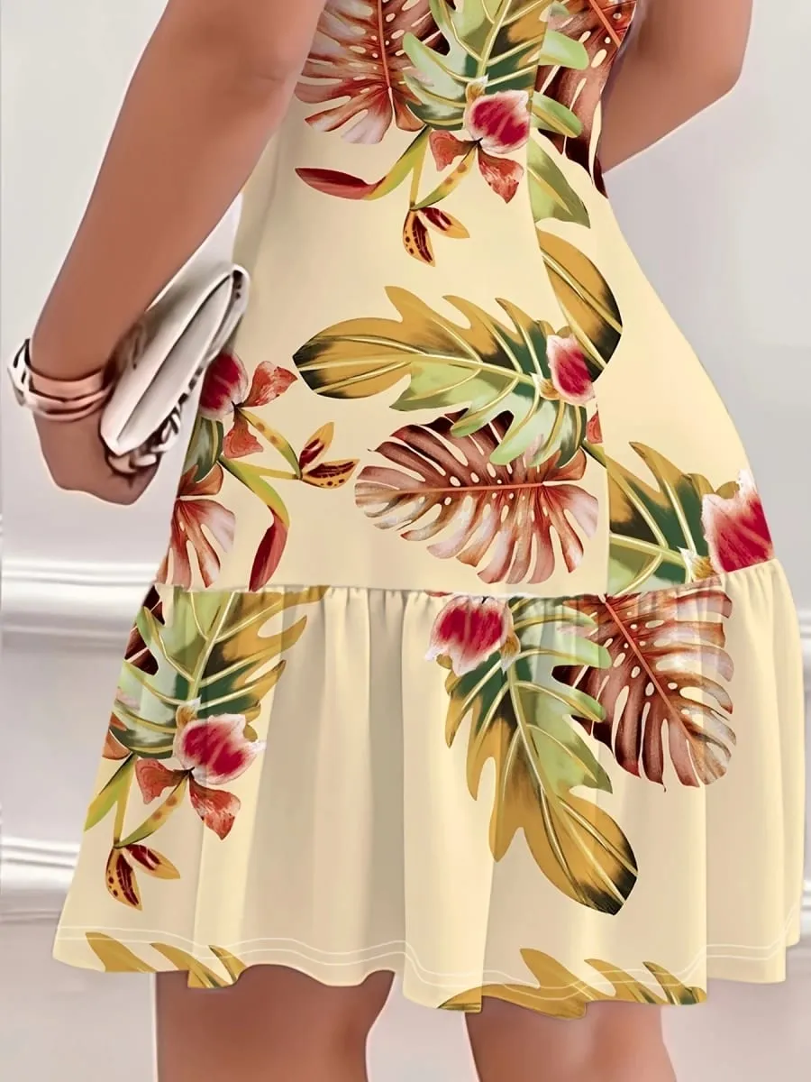 Summer Bohemian Style Loose Tropical Print Round Neck Short Sleeve Dress Comfortable Holiday Dress — image 5
