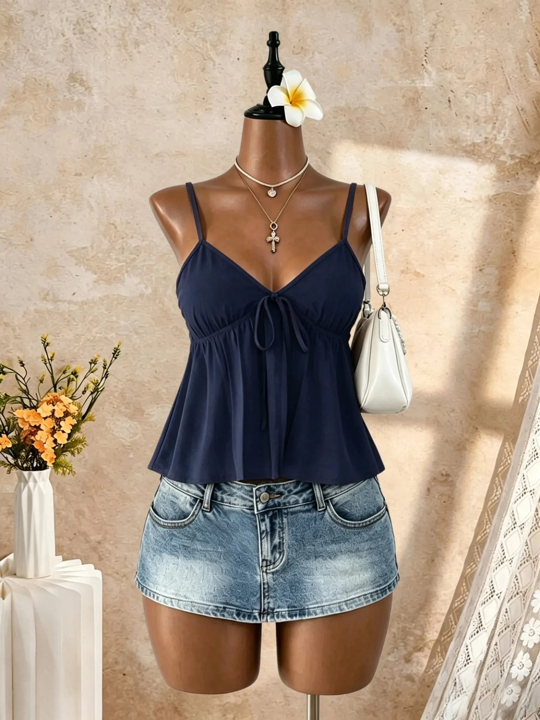 Women V Neck Spaghetti Strap Front Tie Ruched Waist Flared Peplum Cami Top 2026 Summer Y2K Solid Black Casual Beach Vacation Loo — image 8