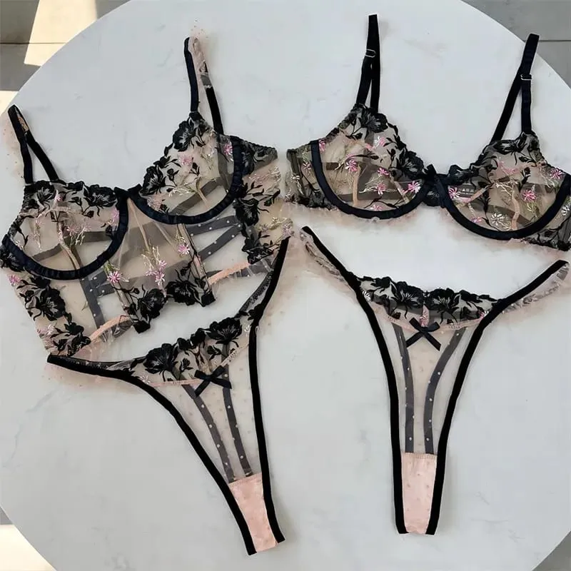 Clashing Sexy Flower Embroidery Lingerie Women's Underwear Set Ladies Push up Bra with Underpants Suit for female — image 4