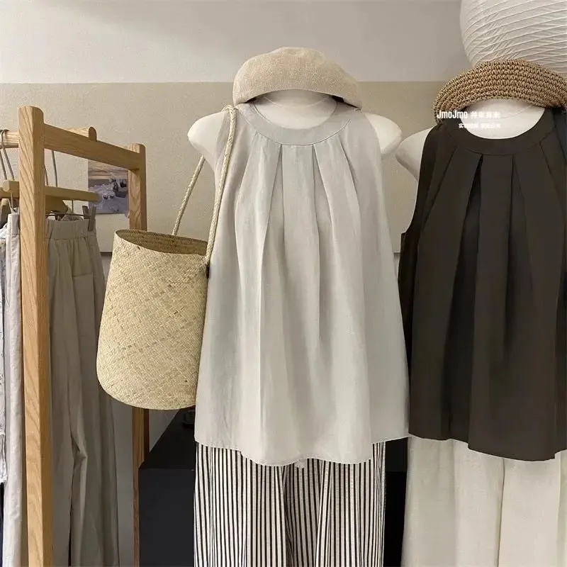 تي شيرت كوري فضفاض بدون أكمام بدون أكتاف تي شيرت نسائي ملابس جديدة بسيطة للشباب في الشارع تي شيرت غير رسمي صيفي رائع — image 4