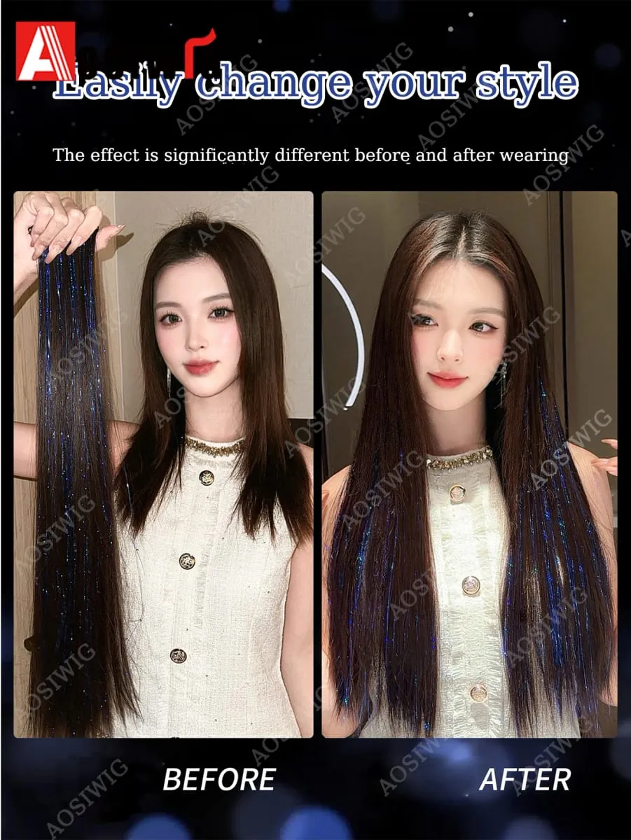 Blue Glitter Tinsel Clip in Hair Extensions One Piece Straight Synthetic Hairpiece with Sparkle Strands for Women Party Daily — image 5
