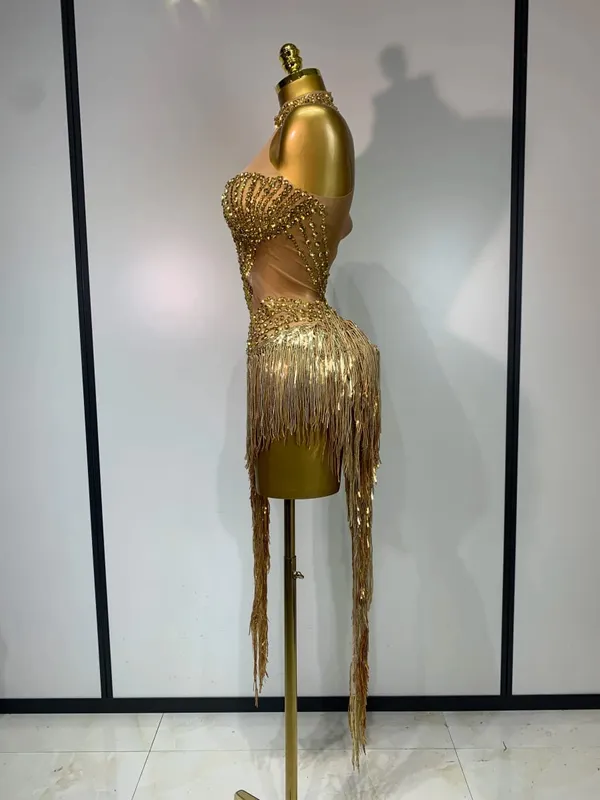 Costume di scena sexy scintillante strass maglia trasparente paillettes nappa sera festa di compleanno discoteca danza cantante vestito